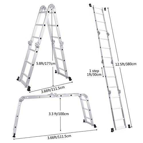 Lifewit Leiter Alu Mehrzweckleiter 3.8M Vielzweckleiter 3X4 Sprossen Stufenleiter Anlegeleiter Stehleiter Treppenleiter Klappleiter - 3