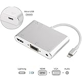 Lightning To HDMI / VGA / Audio Adapter Converter Cable, 3 IN 1 Lightning 8 Pin to Digital AV Multiport HDMI VGA &amp; Audio Adapter with Micro USB Charging Cable + 3.5mm Audio Port for iPhone/ ipad