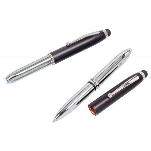 5x Touchpen Kugelschreiber / mit LED Licht und Touchscreenstift / silber-schwarz