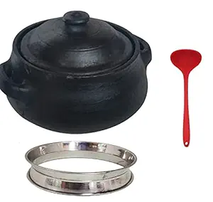 Beverlion LPG and Microwave Unglazed Clay Handi/Earthen Pot for Cooking Pot with Lid. Steel Ring & Red Silicon Spatula - 5 Litre - Black