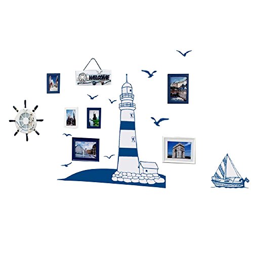 Preisvergleich Produktbild Pingxia Blau Leuchtturm Wandtattoo Möwen Segelboote Wandaufkleber Abnehmbare Wandsticker für Kinderzimmer Schlafzimmer Wohnzimmer