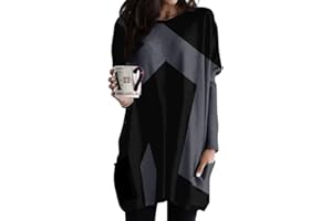 Minetom Langarmshirt Damen V-Ausschnitt Druck Lose Langarm Oberteile Oversize Lang Sweatshirt Tops Asymmetrisch Saum Jumper Pullover Mit Taschen