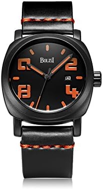 BOLISI Mens Date Business Casual Watch Black Leather Band Orange Hands