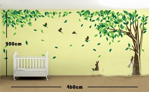 Riesige Elegante grüne Baum mit Eichhörnchen und Kaninchen spielen um Baum Wandtattoo (Zweig nach rechts, groß) - 2