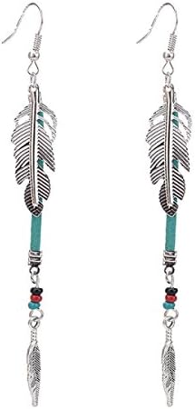 Europe And The United States Fashion Retro Personality Leaves Feather Rice Beads Leather Earrings Earrings,Green-L