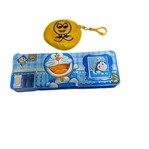RAHI INDIA Multipurpose Magnetic Doremon Blue Big Cartoon Printed Pencil Box with Calculator & Dual Sharpener for Girls & Boys for School | with Emoji Coin Purse Free for Kids