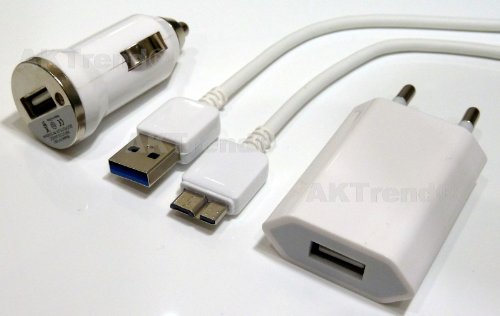 Original AKTrend® 3in1 Micro USB 3.0 Ladekabel Datenkabel für das Samsung Galaxy S5 I9600 Sm-G900F SM G900F , Galaxy Note 3 SM-N9000 SM-N9002 SM-N9005 SMN9006 N9002 N9005 N9006 und weitere Geräte mit USB 3.0 Weiss (3in1 Kabel + KFZ + Netzteil Weiss)