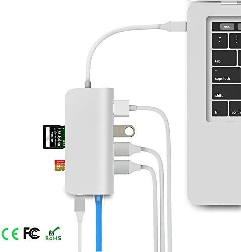 USB-C HUB,Cymall Aluminum Multi-Port Adapter 8 Ports USB Type C with PD Charging,4K@30HZ HDMI Port,Gigabit Ethernet,SD &amp;Micro Card Reader and 3 USB 3.0 Ports for MacBook(Pro) 2016/2017(Silver)