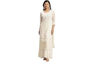 Sambhav Quilt Hub Women's Georgette Anarkali Lucknowi Chikankari Ethnic Wear Kurta Straight Kurti Kurta Tunic Dress