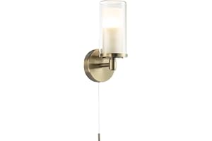 Contemporary Double Glass and Antique Brass Metal Bathroom Wall Lamp IP44 Rated with Pull Cord Switch | 1 x Max 25w E14 Required by Happy Homewares