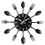 XJYA Küchenwanduhr,3D entfernbar Modern kreativ Besteck Küche Löffel Gabel Wanduhr Spiegelwand Aufkleber Wandtattoo Raumdekoration (Silber),Black