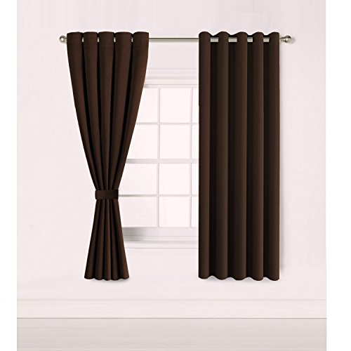 H.Versailtex Bedroom Solid Thermal Supersoft Blackout Curtains with Two FREE Tiebacks - Brown, 66