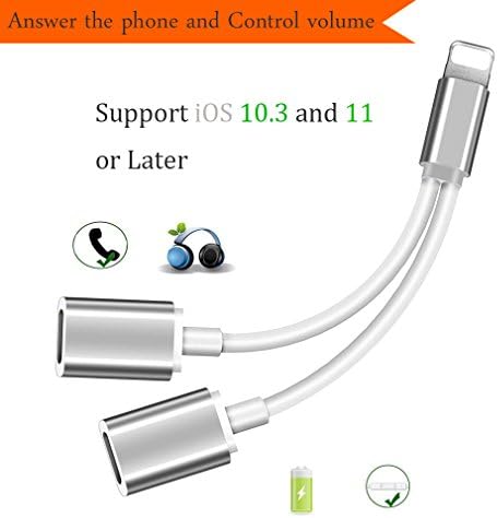 Earphone and Charge Lightning Adapter for iPhone7/7 plus Dual Lightning Accessories Earphone and Charge Cable Splitter For iPhone 8/8 plus, iPod touch,Headphone Adaptor Lightning AUX Cable Connector（Audio, Call, Charging and Music Control） Support iOS 11 and 10.3 (silver)
