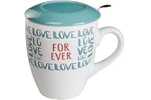 Baroni Home Tazza da tè in Ceramica con Filtro in Acciaio Inox. Tisaniera con Tappo/piattino Colorata Azzurro Forever 13x10x11 cm