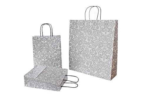 Papiertragetaschen mit Kordelhenkel "GRAU mit Ornament / DAMASCO GRIGIO" 100 g/m² - verschiedene Größen und Mengen