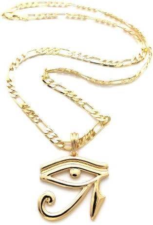 New Shiny Gold Very Rare Eye of Horus Pendant Necklace w/ 5mm 24" Figaro Chain MSP384G