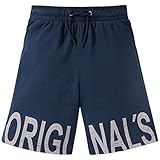 blaue Longboxershorts für Jungen aus der beliebten SCHIESSER-Serie Mix+Relax glatter Bund mit Bindekordel schräge Eingrifftaschen grauer, angeschnittener \