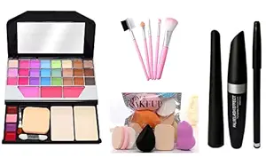 Fashion Makeup Kit for Girls + Hello Kitty Makeup Brushes 5 Piece + Makeup Sponges 6 Piece + Eye Liner & Mascara & Eye Brow Pencil (3in1)