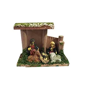 Salvus App SOLUTIONS Handmade Wood Hut with Marble Power Made Mary Joseph Baby Jesus Lamb/Nativity Set/Crib Set- 12.5 x 5.5 x 9.5 cm