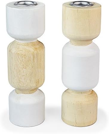 'Milton' Pair of White &amp; Brown Pine Wood Contemporary Candlestick Holders