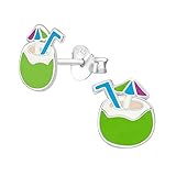 TATA Gisele pendientes niño en plata 925/000 rodiado, Epoxy nuez de coco verde con su paja azul y su sombrilla verde, azul y morado.