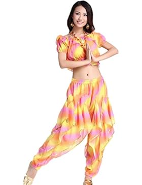 Dancewear Danza del ventre Custome Lotus Edge Rainbow Top+Chiffon Rotate Pantaloni pink yellow