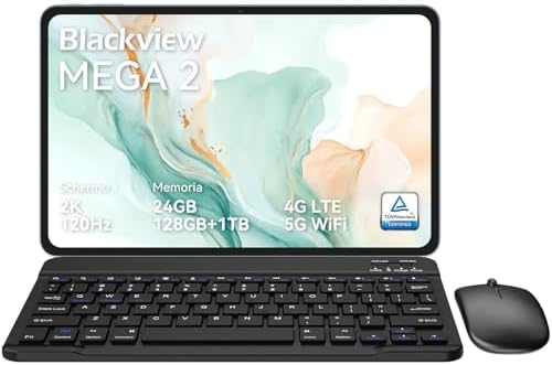 Blackview Mega2 Tablet 12 Pollici Android 15, 24GB RAM + 128GB ROM, 120HZ 2K FHD Gaming Tablet con Tastiera Mouse Mouse Auricolare, 4G LTE+5G WiFi, 9000 mAh, WideVine L1, blu