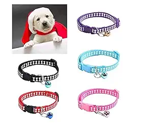 RvPaws Adjustable Puppy and Cat Collars Buckle Safety Neck Collar Strap with Bell Small Size Bone Print (Blue)