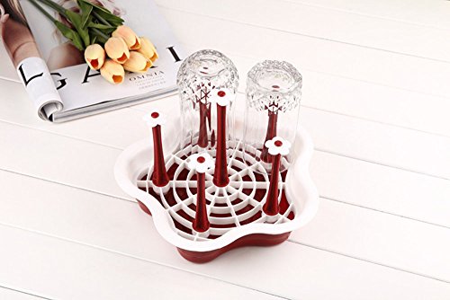 HULISEN Kunststoff Blume Typ Abtropfgestell für die Küchenspüle – zum Trocknen von Gläsern, Besteck, und Tellern, mit Besteckhalter – platzsparende Geschirrablage – Farbe: Rotwein - 9