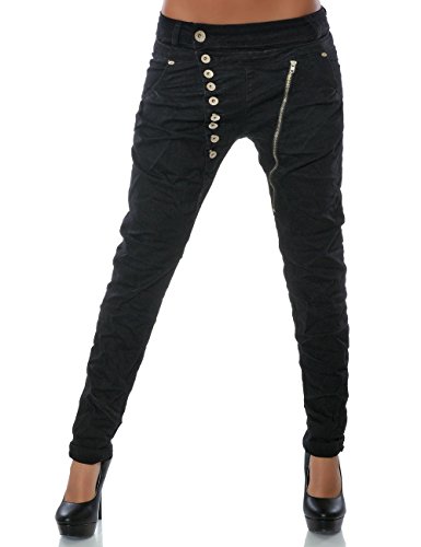 Damen Boyfriend Jeans Hose Reißverschluss Knopfleiste (weitere Farben) No 14145, Farbe:Schwarz;Größe:34 / XS -