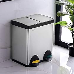 Velaze Poubelle Cuisine à Pédale en Acier INOX, Bacs Tri Soft-Close Automatique, Capacité de 60L, 2 Compartiments Classification des Ordures, Recyclage à Domicile, Tri des Déchets