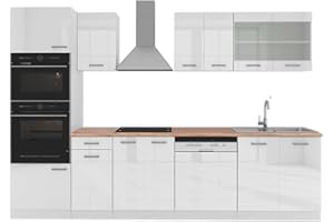 Vicco cucina componibile R-line, Bianco lucido/bianco, 300 cm con armadio alto, PL Rovere