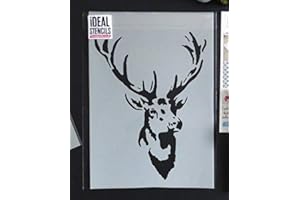 IDEAL STENCILS Vintage TÊTE DE CERF Pochoir Mural Maison Décoration & Loisirs créatifs pochoir Peinture Cerfs aux murs Tissus et Meubles 190 Mylar Réutilisable - semi transparent pochoir, S/17X23CM
