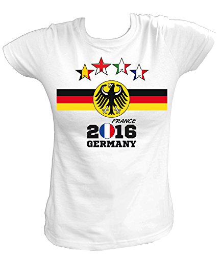 Artdiktat Damen Deutschland Fan T-Shirt – 4 Sterne Europameister 2016 Frankreich – Trikot Ersatz – inkl. Wunschname und Nummer XS – 5XL Größe XXL, weiß