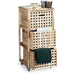 Relaxdays Meuble à roulettes 3 caisses compartiments bois de noyer HlP: 91,5 x 40,4 x 40,4 cm tiroirs linge cuisine salle de bain chambre caisson sur roulettes, couleur naturelle
