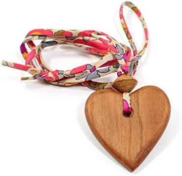 Natural wood Heart teething nursing fiddle necklace pendant on Liberty Betsy pinks fabric cord