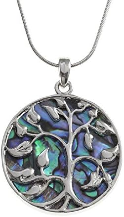 The Quirky Pagan Abalone Jewellery Tree of Life Necklace Inlaid With Natural Paua Shell Blue Green Rhodium Silver Hypoallergenic Ladies Necklace Gift