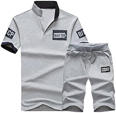 DianShao Mens Polo Shirt V Collar Shorts Printing Short Sleeve Tracksuit Sport 2 Pieces Sets Grey XXL