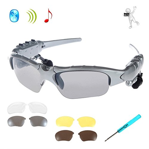 Preisvergleich Produktbild SUAVER Drahtlose Bluetooth-Sonnenbrille Musik-freihändiger Kopfhörer-Kopfhörer für intelligentes Telefon PC Tablet iPhone7 / 7 Plus Samsung HTC Bluetooth-Geräte + Free Austauschbare 3 Paar Linse (Silber)