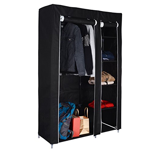 Harima Keep Deluxe Stoff-Kleiderschrank, 2-türig, faltbar, leicht, mit Hängestange und Regalfächern, Schwarz mit 5 Kleiderbügel inklusive