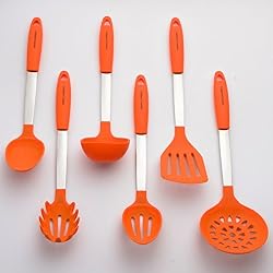 Orange Set d'Ustensiles de Cuisine - Ustensiles de Cuisine en Acier Inoxydable & Silicone - Spatule, Cuillère à Mélanger & Cuillère Trouée, Louche, Fourchette à Pâtes, Égouttoir 