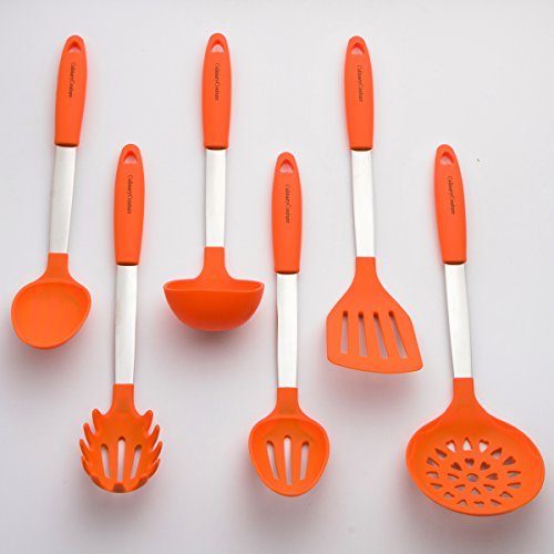 Orange Set d'Ustensiles de Cuisine - Ustensiles de Cuisine en Acier Inoxydable & Silicone - Spatule, Cuillère à Mélanger & Cuillère Trouée, Louche, Fourchette à Pâtes, Égouttoir 