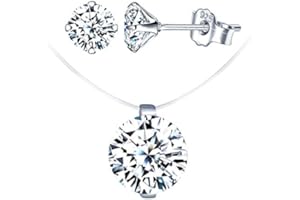 YUMILOK Ensembles de bijoux en diamant, Collier ras-du-cou avec ligne de pêche invisible, choker pour femme, Boucles d'oreilles de diamant, en argent 925, Cadeau de Noël et Anniversaire
