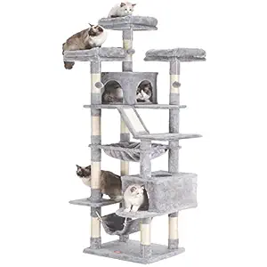 Heybly Cat Tree 73 inches XXL Large Cat Tower for Indoor Cats ,Multi-Level Cat Furniture Condo for Large Cats with Padded Plush Perch, Cozy Basket and Scratching Posts Light Gray HCT030W