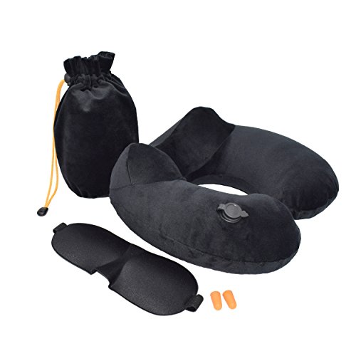 Almohada de viaje inflable de Nomalite | Cojín cuello hinchable de suave terciopelo con inflador. Funda 3 en 1: incluye antifaz y tapones. Soporte cervical superior para dormir en avión o acampada.
