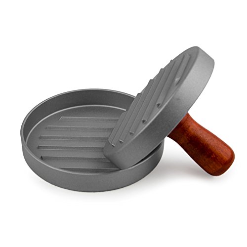Burgerpresse mit Antihaftbeschichtung, gleichmäßig geformte Burger im Grill-Look, Party-Food, Aluminium-Guss , hochwertigem Holzknauf für hausgemachte, gleichmäßige Burger, Meat, Veggie