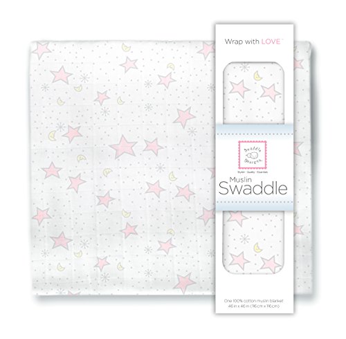 SwaddleDesigns X-Large Cotton Muslin Swaddle Blanket, Pastel Pink Twinkle