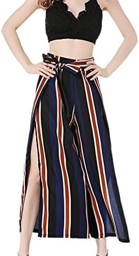 Women High Slit Bowknot Belted Stripes Palazzo Wide-Leg Pants Stripes S