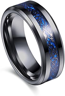 YUUHII ATR Men's 8mm Blue Carbon Fiber Black Celtic Dragon Tungsten Carbide Ring Wedding Band