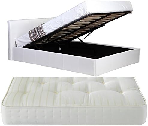 3ft Single White Ottoman Lift Up Storage Faux Leather Bed + Luxury Deluxe Spring Tufted Mattress - Also available in Black or Brown - Master Bedroom Childrens Bedroom Teens Bedroom Guest Bedroom - Perfect for storing Shoes DVD's Bedding Clothes